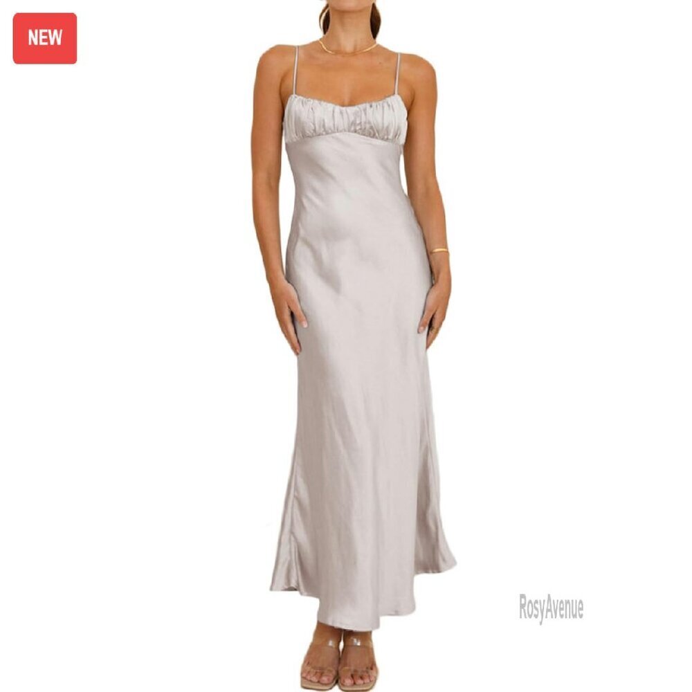 Satin Spaghetti Strap Backless Ruched Midi Dress Wedding Guest